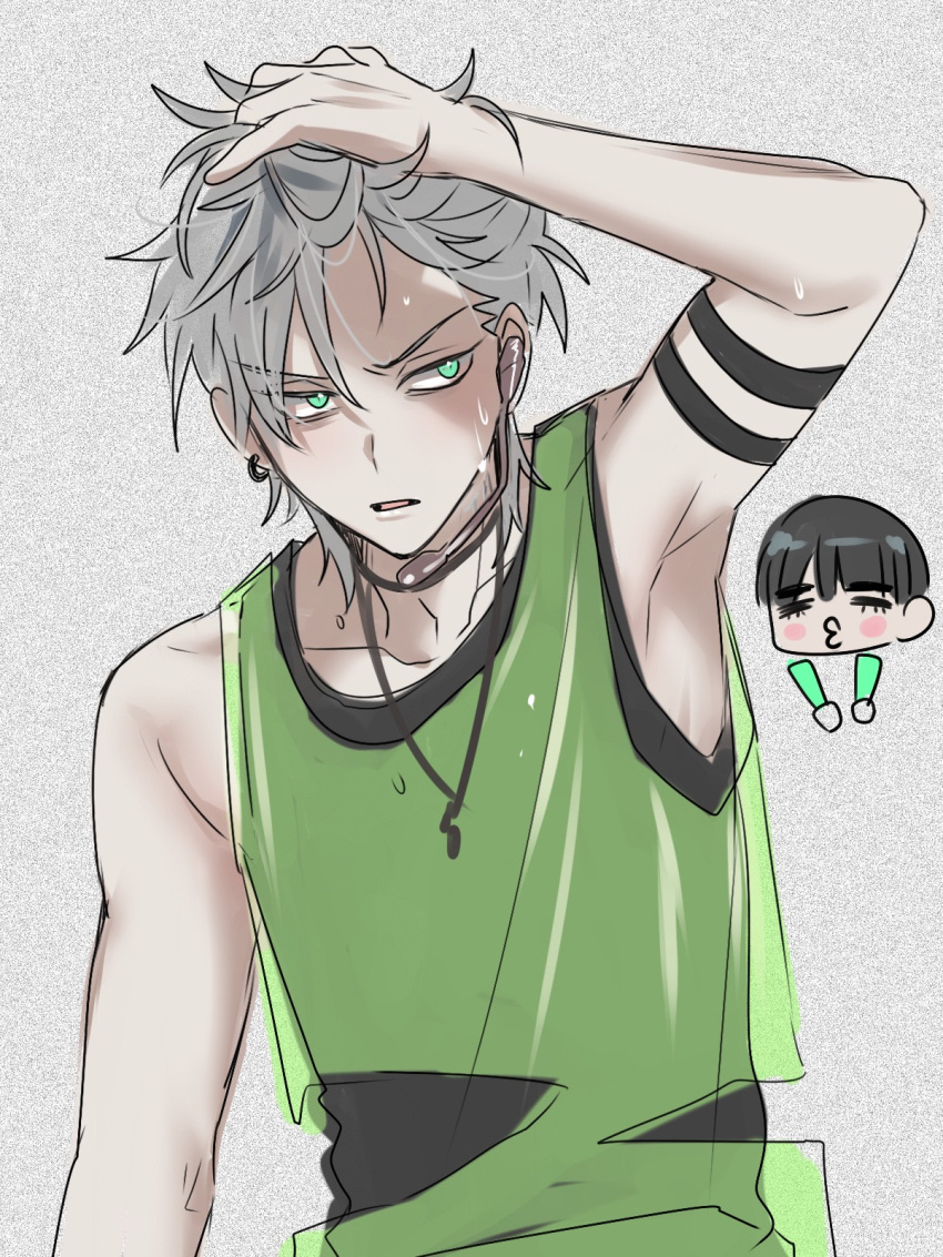 2boys, alien_stage, armband, armpits, black_hair, black_tank_top, chinese_commentary, closed_eyes