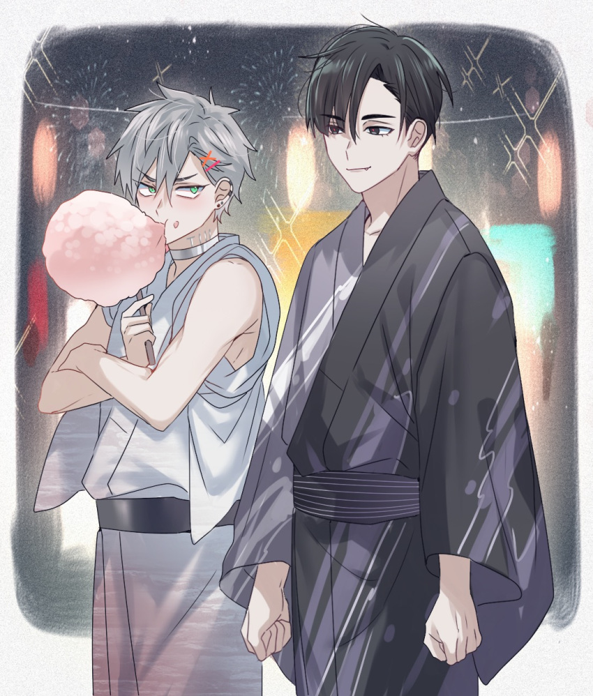 2boys, alien_stage, aqua_eyes, black_eyes, black_hair, black_kimono, chinese_commentary, commentary_request