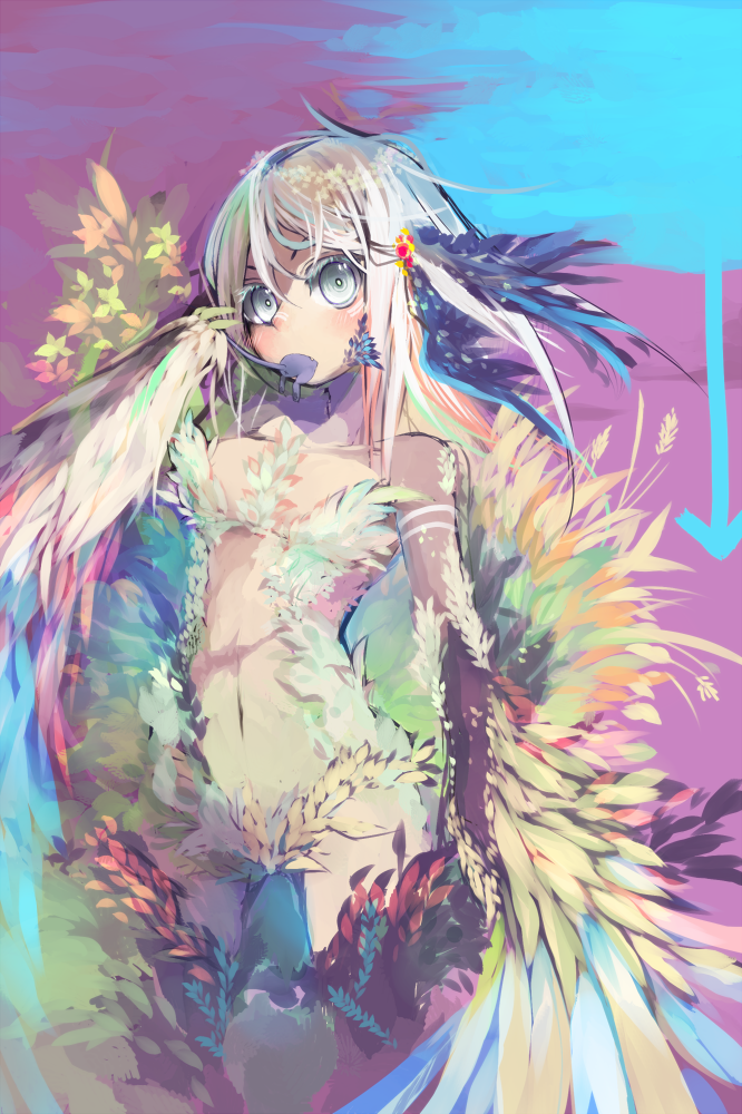 colored_eyelashes, eyelashes, feathers, goose_h, grey_eyes, hair_feathers, harpy, monster_girl