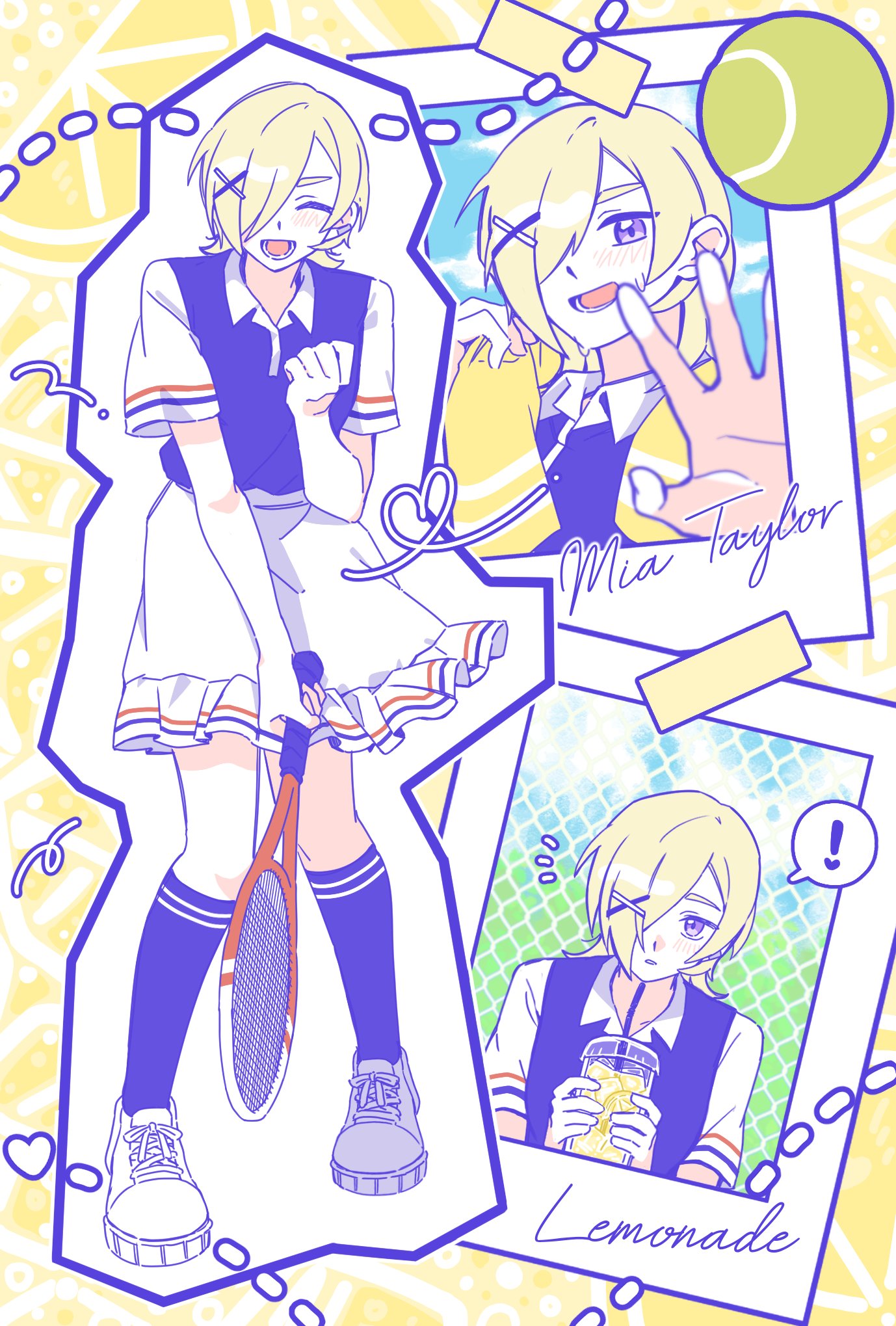 !, 1girl, ball, bean_(bean0407_lls), blonde_hair, blush, character_name, clenched_hand, closed_eyes, collared_shirt, commentary, cup, disposable_cup, drink, drinking_straw, ear_piercing, full_body, hair_ornament, hair_over_one_eye, hairclip, highres, holding, holding_drink, holding_tennis_racket, lemonade_(love_live!), looking_at_viewer, love_live!, love_live!_nijigasaki_high_school_idol_club, mia_taylor, multiple_views, notice_lines, open_mouth, piercing, purple_shirt, purple_socks, racket, shirt, shoes, short_hair, short_sleeves, skirt, socks, song_name, spoken_exclamation_mark, standing, sweat, tennis_ball, tennis_racket, towel, violet_eyes, white_shoes, white_skirt