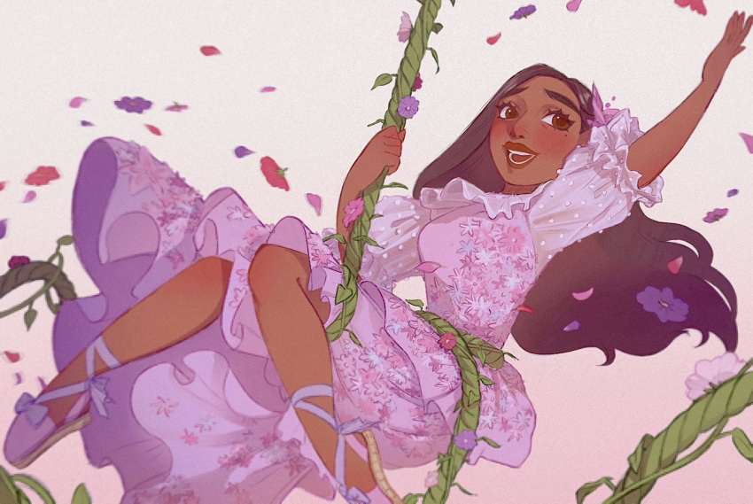 1girl, black_hair, brown_eyes, dark-skinned_female, dark_skin, dress, encanto, highres, isabela_madrigal, long_dress, long_hair, petals, purple_dress, ri_ri_ri2, solo, white_background