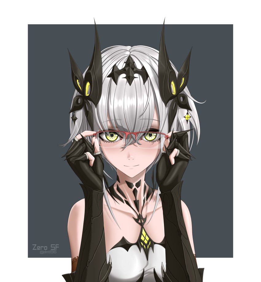 1girl, absurdres, arthropod_girl, bare_sh, bespectacled, border, breasts, closed_mouth