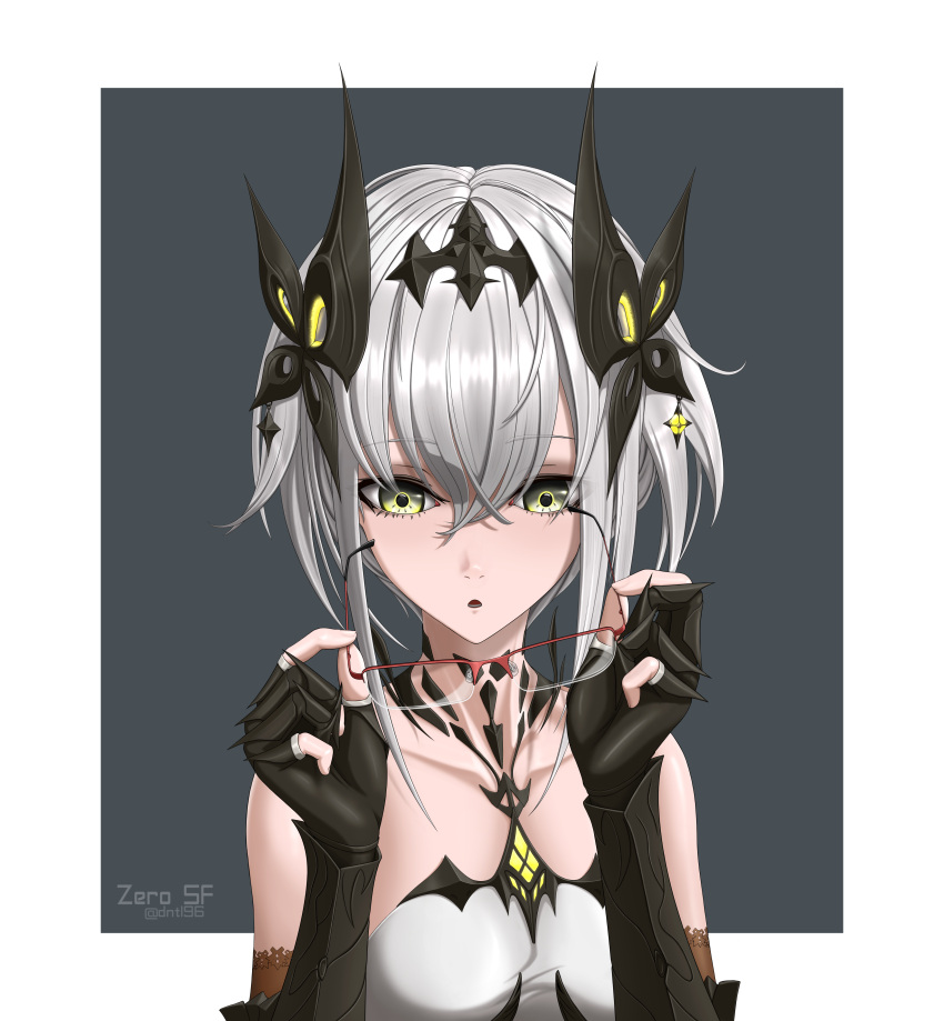 1girl, :o, absurdres, arthropod_girl, bare_sh, border, breasts, collarbone
