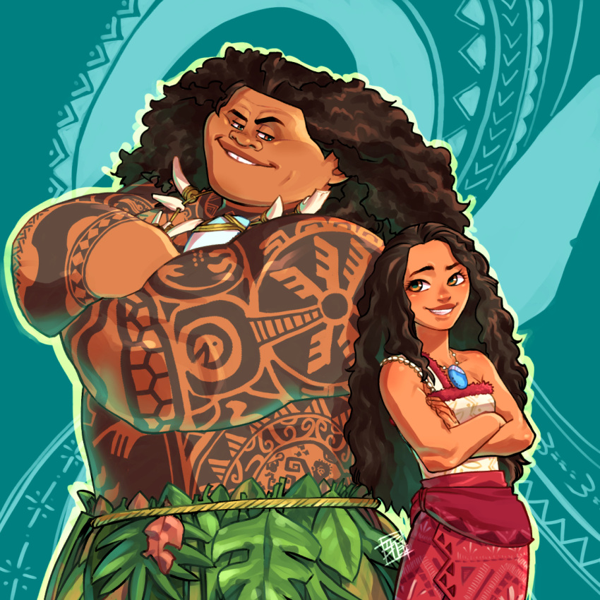 1boy, 1girl, arm_tattoo, brown_eyes, brown_hair, chest_tattoo, crossed_arms, dark-skinned_female