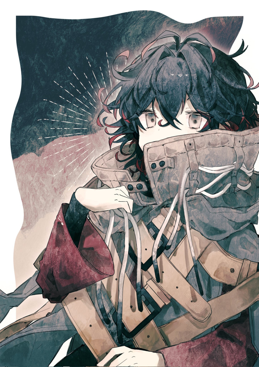 1boy, black_hair, border, chest_belt, cloak, curly_hair, dante_alighieri_(fate), dante_alighieri_(first_ascension)_(fate)