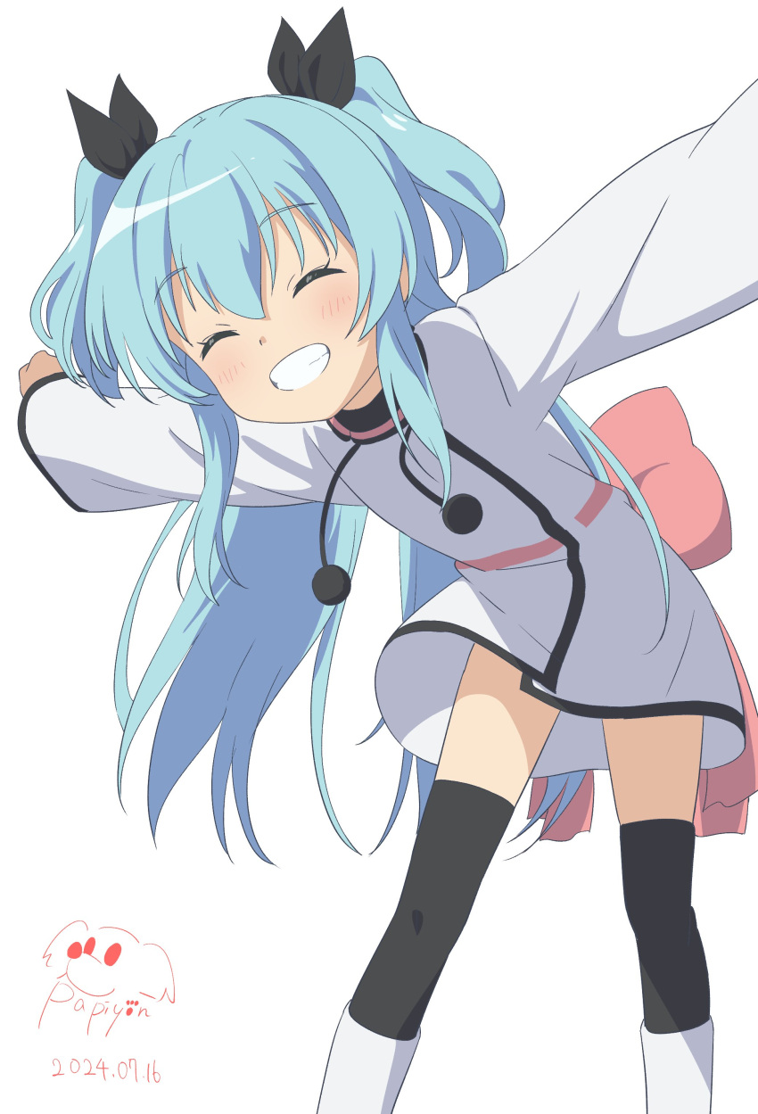 1girl, absurdres, blue_hair, blush, closed_eyes, commission, dress, flat_chest