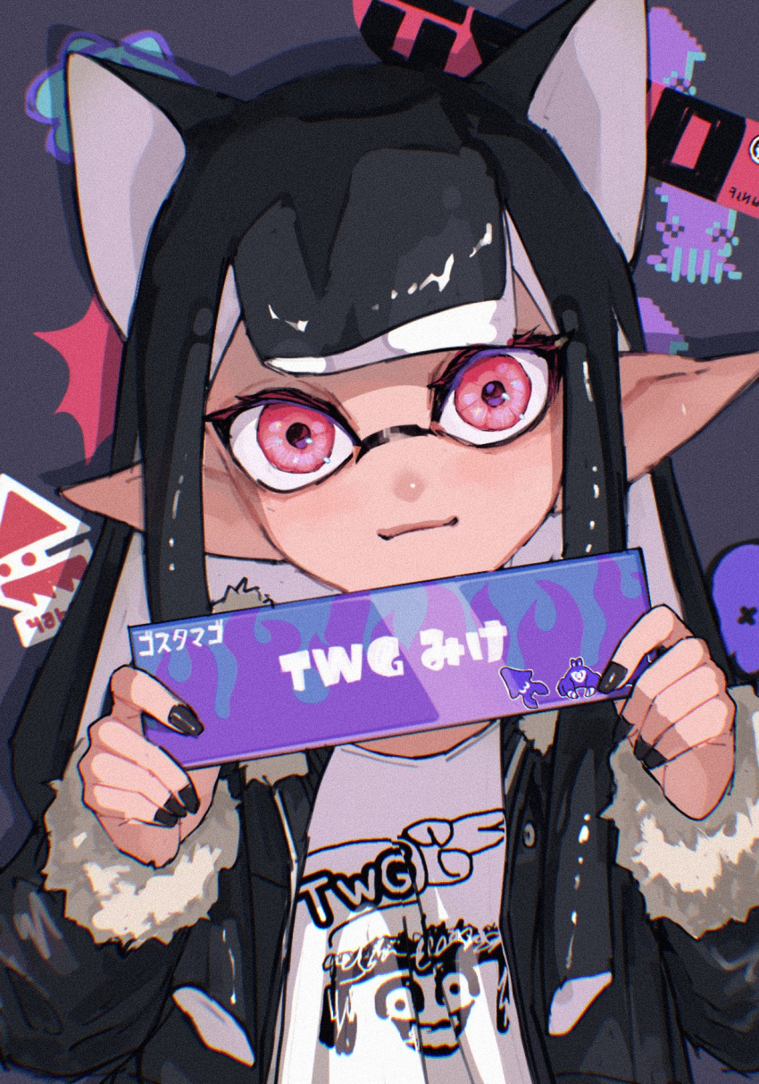 1girl, animal_ears, black_hair, black_jacket, black_nails, cat_ears, closed_mouth, commentary_request