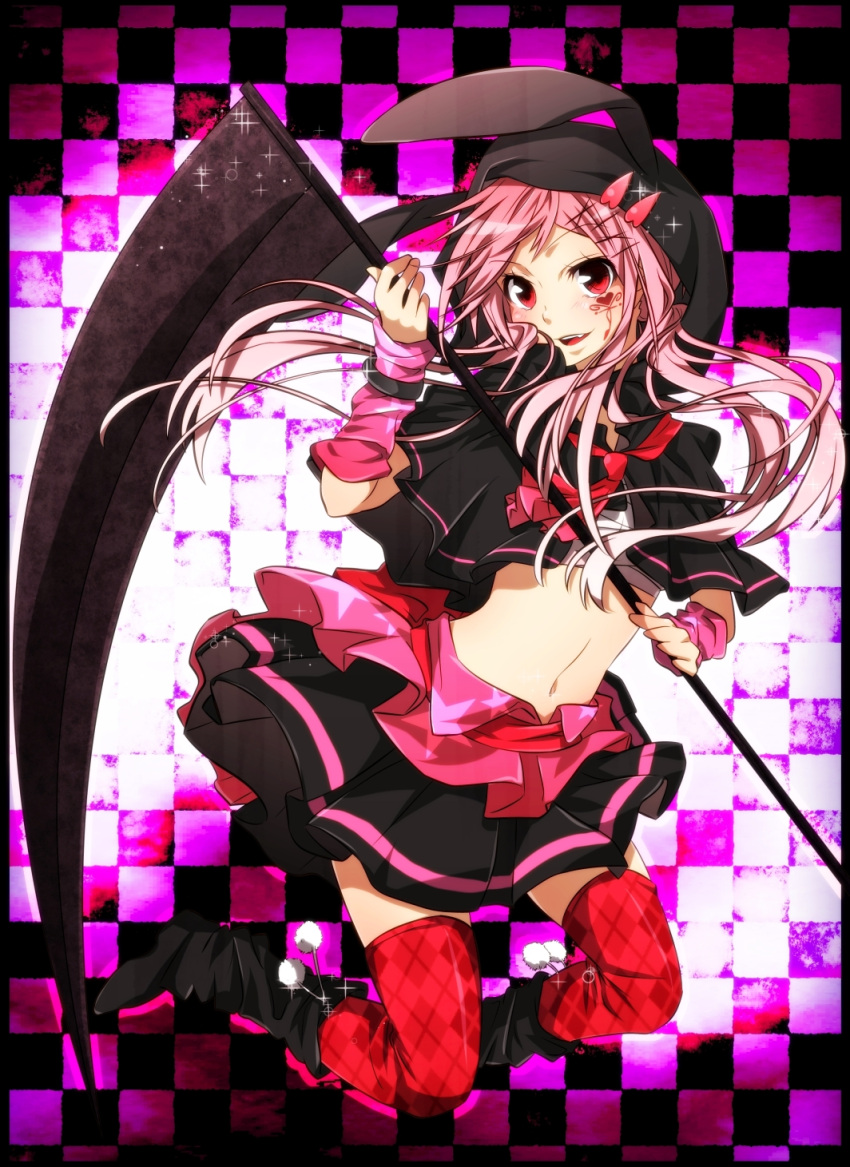 argyle_legwear, argyle_thighhighs, arm_warmers, ascot, bad_id, capelet, checkered, checkered_background