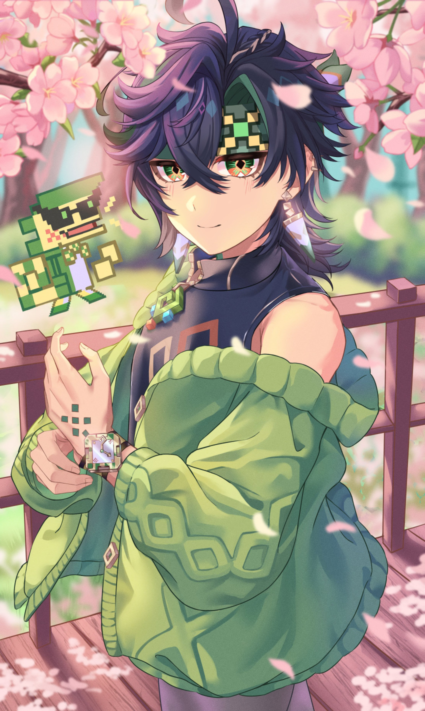 1boy, 1other, absurdres, ajaw_(genshin_impact), alternate_costume, black_hair, black_shirt, blush, cherry_blossoms, closed_mouth, earrings, genshin_impact, green_eyes, green_hair, green_headband, green_jacket, green_sweater, grey_pants, hair_between_eyes, hand_tattoo, haya_pik, headband, highres, jacket, jewelry, kinich_(genshin_impact), long_sleeves, looking_at_viewer, male_focus, multicolored_hair, pants, shirt, short_hair, smile, spiked_ear_piercing, sweater, sweater_jacket, tattoo