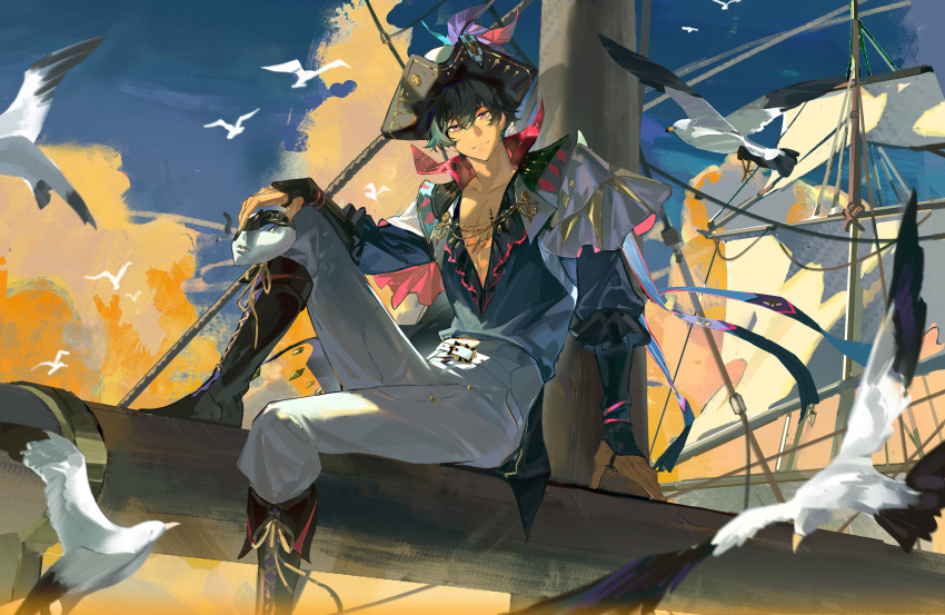 1boy, absurdres, aojizesi, belt, bird, blue_hair, blue_hat, blue_shirt
