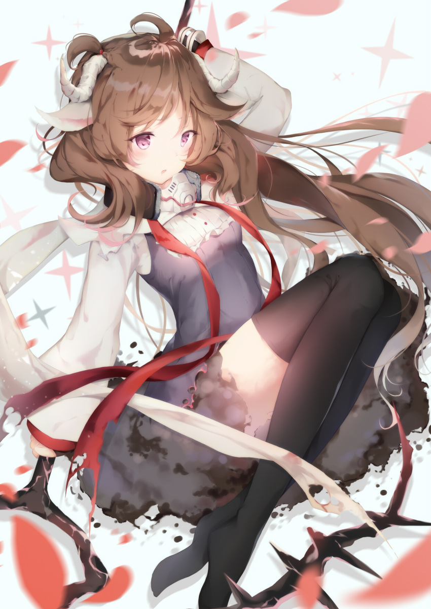 arknights, black_thighhighs, brown_hair, eyjafjalla_(arknights), goat_girl, goat_horns, highres, holding