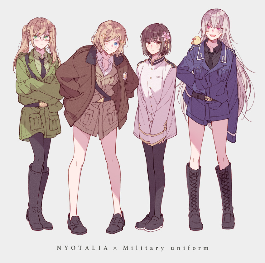 4girls, america_(female)_(hetalia), america_(hetalia), axis_powers_hetalia, beak, belt, bird, black-framed_eyewear
