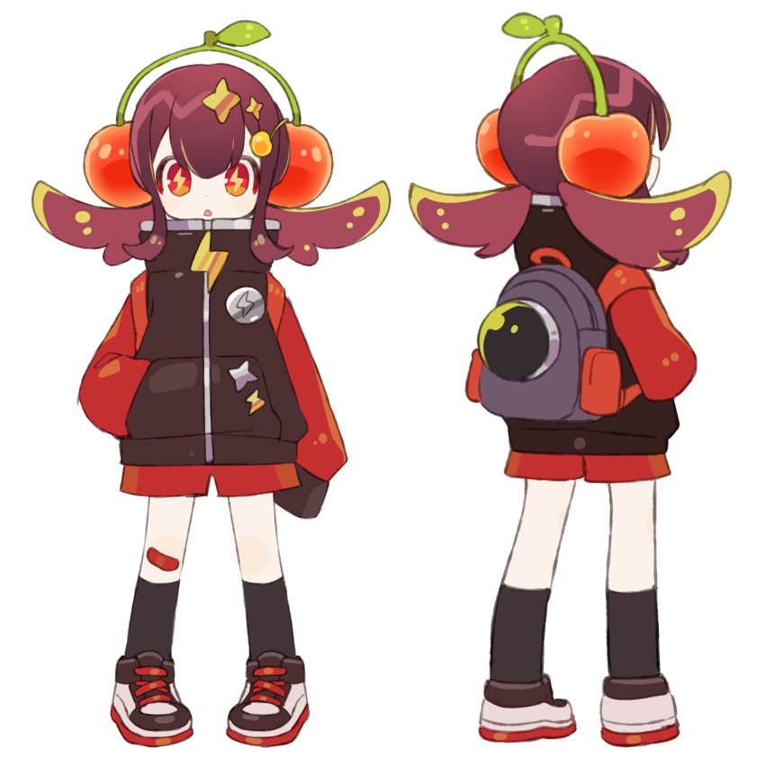 1girl, backpack, bag, bandaid, bandaid_on_knee, bandaid_on_leg, black_socks, black_sweater, brown_hair, cherry, commentary_request, food, from_behind, fruit, full_body, hand_in_pocket, headphones, highres, lightning_bolt-shaped_pupils, long_sleeves, looking_at_viewer, low_twintails, medium_hair, multiple_views, open_mouth, original, red_eyes, red_shorts, red_sleeves, shoes, shorts, simple_background, sleeves_past_fingers, sleeves_past_wrists, sneakers, socks, solo, sorata123, standing, sweater, symbol-shaped_pupils, twintails, white_background, white_shoes