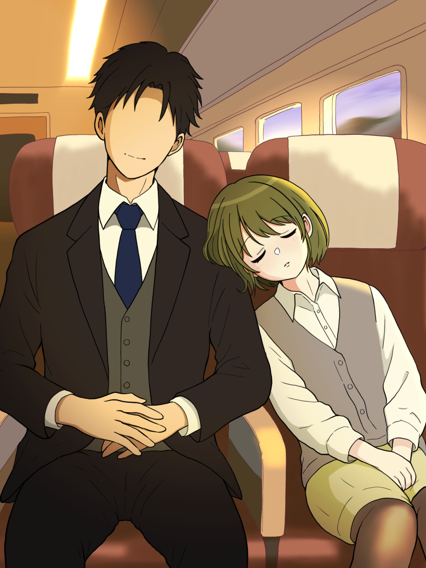 1boy, 1girl, black_hair, black_jacket, black_suit, blue_necktie, brown_pantyhose, commentary_request