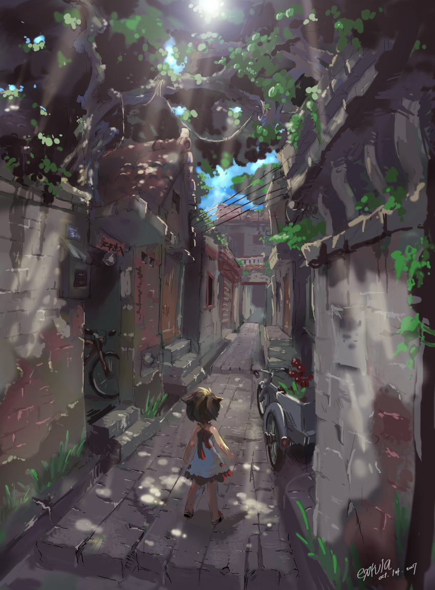 1girl, 2007, absurdres, alley, bicycle, brown_hair, child, commentary