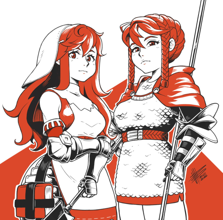 2girls, armor, armored_gloves, book, braid, chainmail, head_ornament, highres, hilda_(unicorn_overlord), holding, holding_polearm, holding_weapon, long_hair, looking_at_viewer, made_in_2024, mateus_upd, monochrome, multiple_girls, polearm, primm_(unicorn_overlord), unicorn_overlord, very_long_hair, weapon
