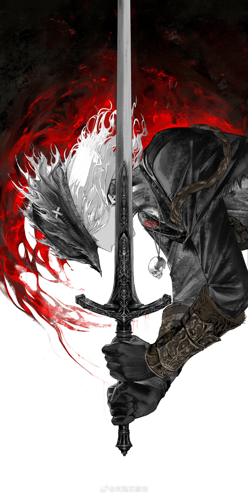 1other, absurdres, artist_name, black_gloves, blood, bloodborne, chinese_commentary, commentary_request