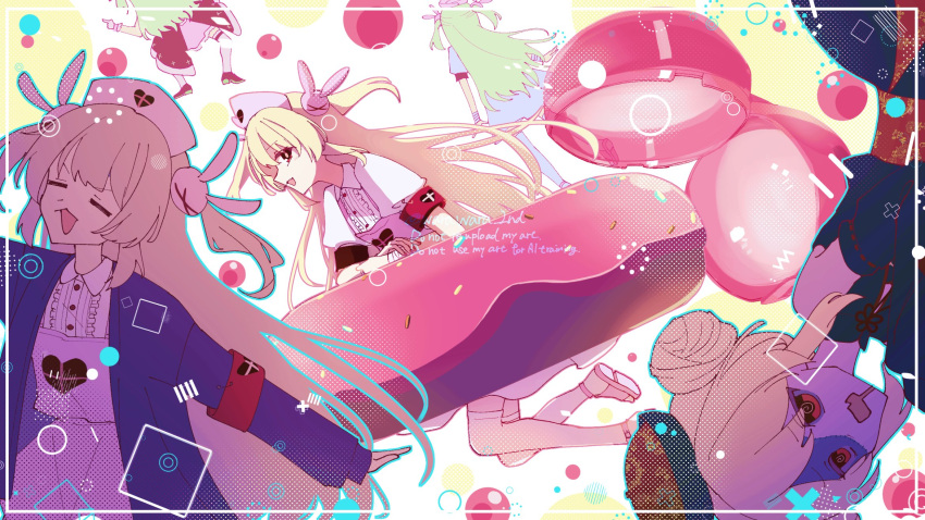 5girls, :d, apron, blonde_hair, chinese_clothes, closed_eyes, commentary_request, double_bun