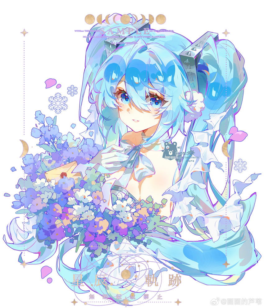 1girl, absurdres, bare_shoulders, blue_bow, blue_bowtie, blue_eyes, blue_flower, blue_hair