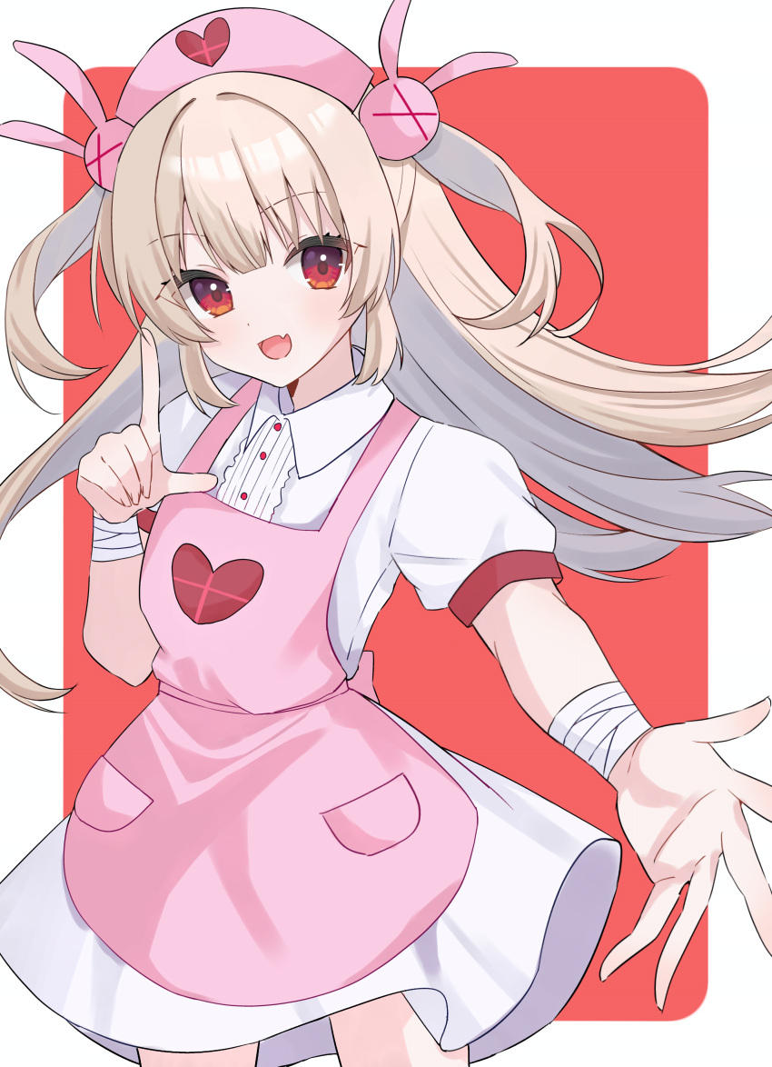 1girl, :d, absurdres, apron, commentary, cowboy_shot, fang, hair_ornament