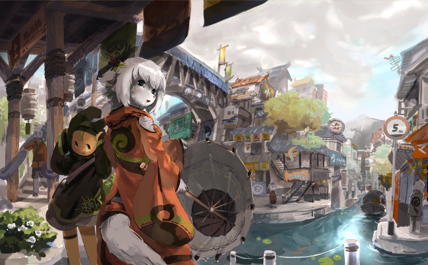 2008, 2girls, absurdres, animal_ears, boat, bridge, clouds, cloudy_sky