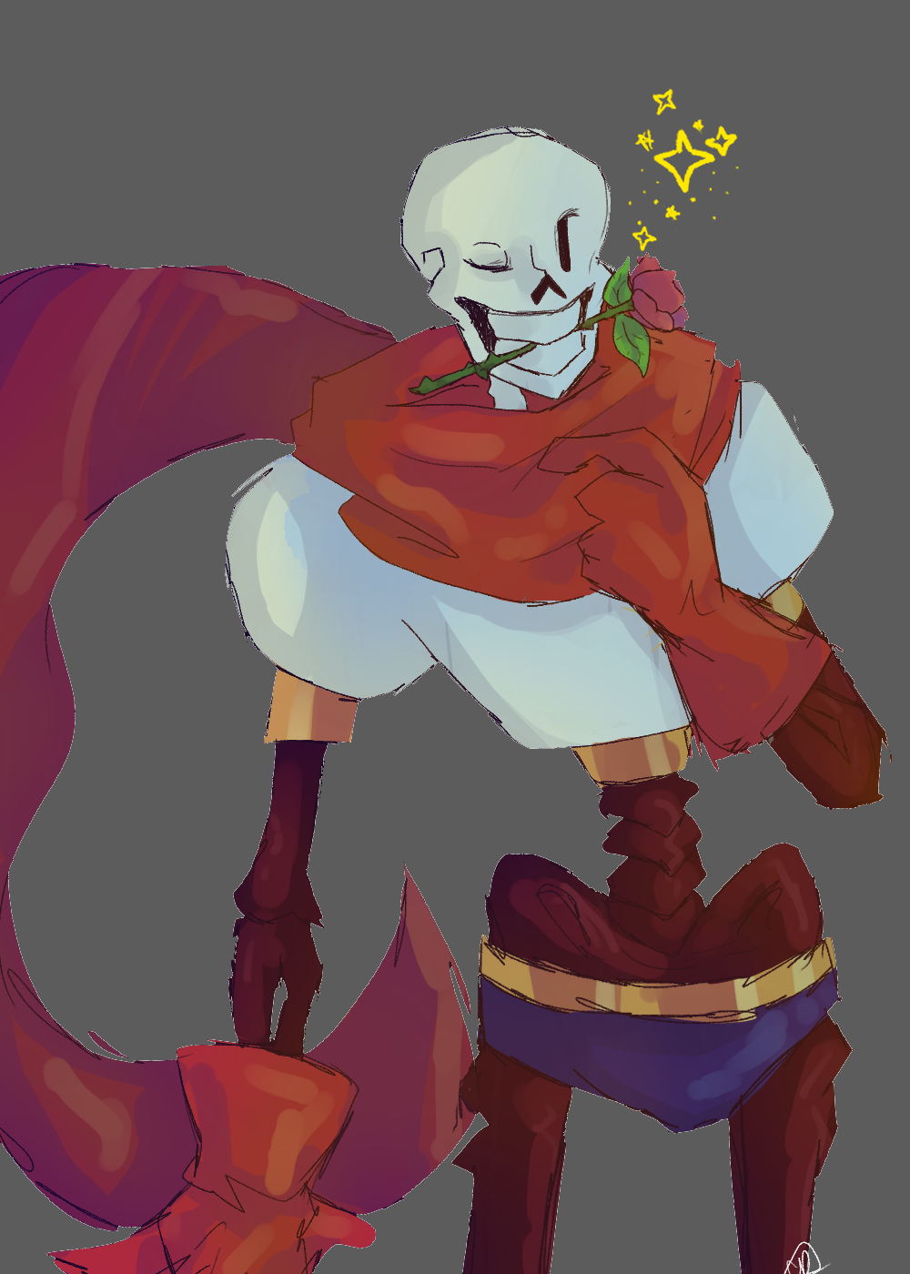 1boy, 2023, 2d, amorthlen, armor, cape, digital_media, flower, flower_in_mouth, gloves, humanoid, male, male_only, monster, monster_boy, papyrus_(undertale), red_cape, red_flower, red_gloves, red_scarf, rose, scarf, simple_background, skeleton, solo, teeth, undead, undertale, white_armor