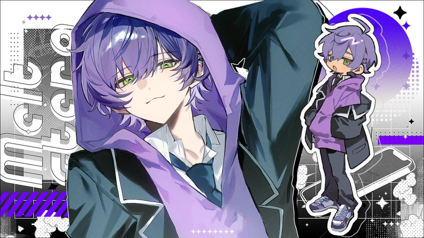 1boy, :3, ahoge, arm_behind_head, black_jacket, black_necktie, black_pants, chibi