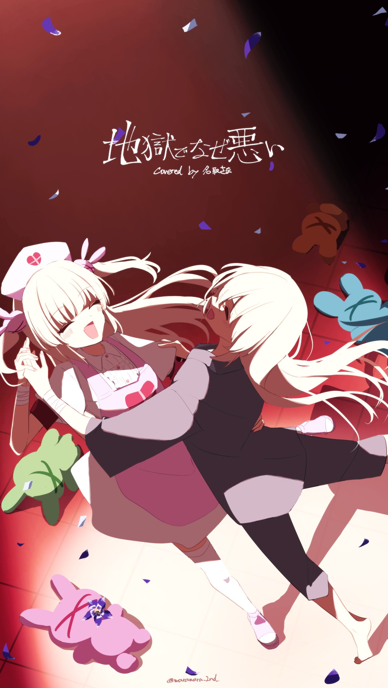 2girls, :d, apron, bandaged_wrist, bandages, blonde_hair, blue_flower, character_name