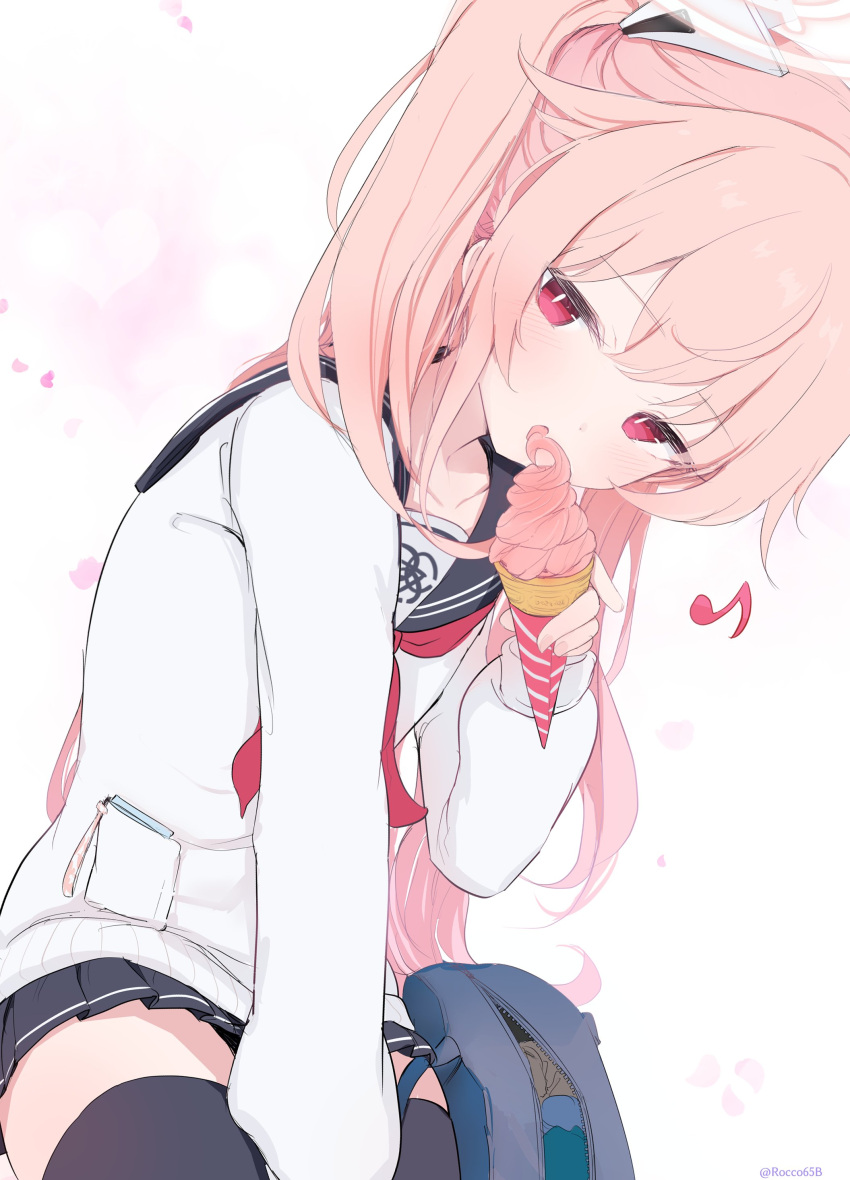 1girl, absurdres, black_sailor_collar, black_skirt, black_thighhighs, blue_archive, blush, food