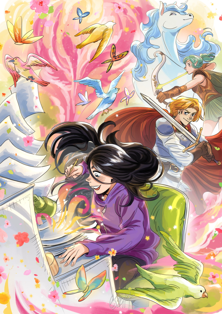 1boy, 2girls, :d, armor, arrow_(projectile), artist_name, belt, bird