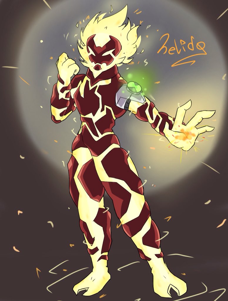 1boy, alien, arm_up, ben_10, fiery_hair, fire, fire_body, fire_elemental, genderswap, glowing, heatblast, helido24, omnitrix, outer_glow, reaching, reaching_towards_viewer, self-upload, signature, simple_background, standing, thick_thighs, thighs