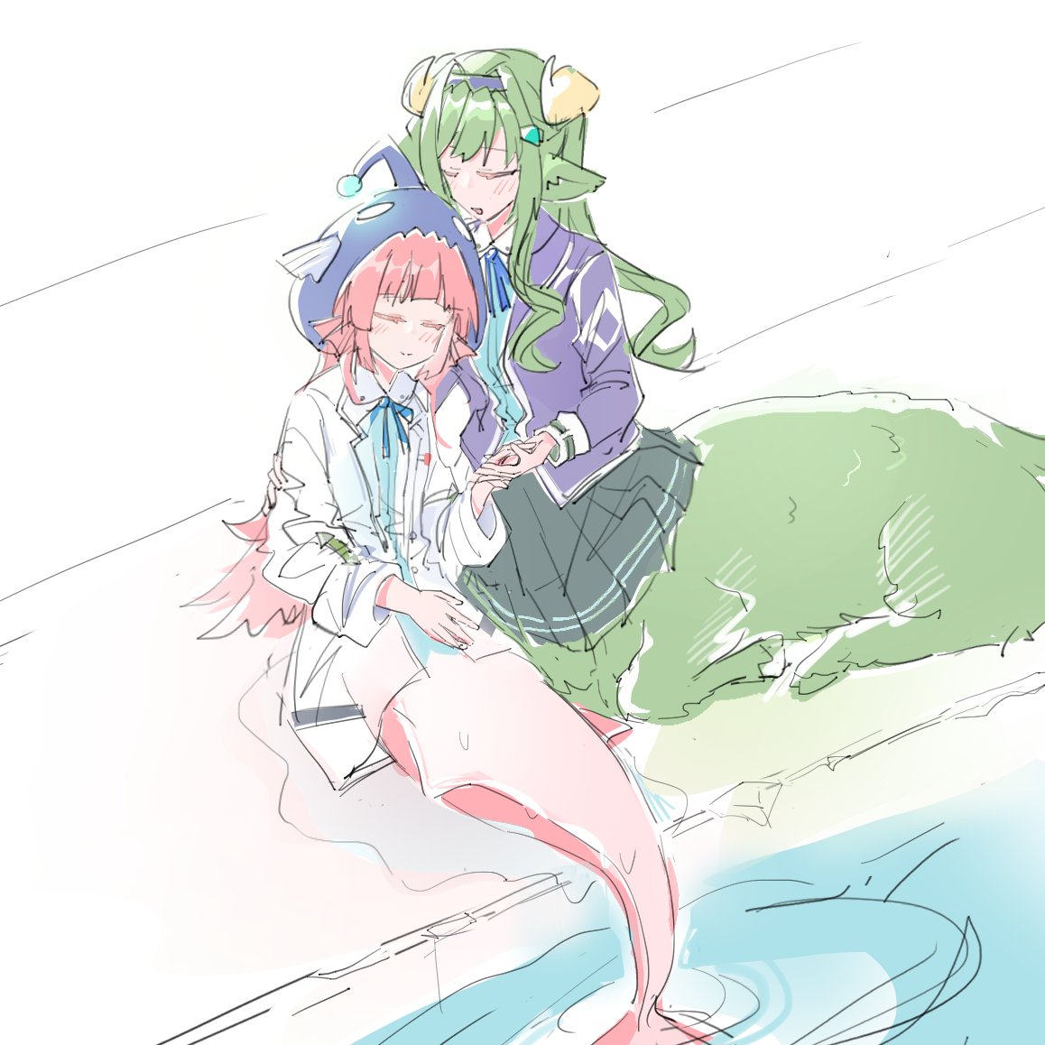 2girls, animal_ears, animalization, blunt_bangs, dolphin_girl, fish_hat, green_hair, hairband