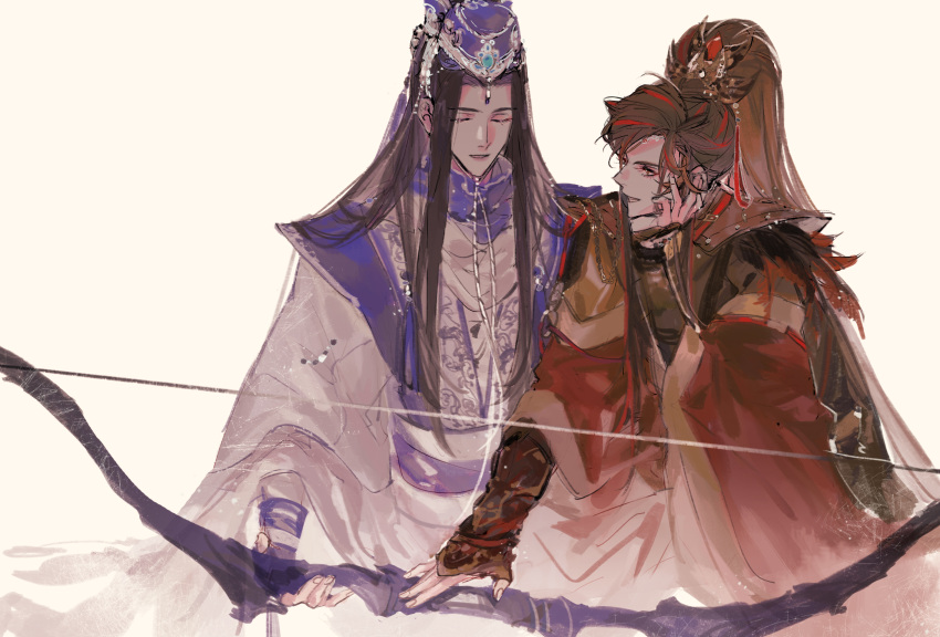 2boys, asymmetrical_bangs, black_hair, blue_hanfu, bow_(weapon), brown_eyes, brown_hair, chain, chinese_clothes, closed_eyes, curtained_hair, guan_hat, hand_on_own_face, hanfu, head_rest, highres, holding, holding_weapon, jinguang_budaixi, kariwata, layered_sleeves, long_sleeves, looking_at_another, male_focus, multicolored_hair, multiple_boys, parted_lips, red_hair, red_hanfu, red_sleeves, simple_background, streaked_hair, talking, teeth, three_quarter_profile, three_quarter_view, upper_body, vambraces, weapon, white_background, white_hanfu, white_sleeves, wide_sleeves, xiao_guan_(headdress), yi_guichen, zhang_yinxian