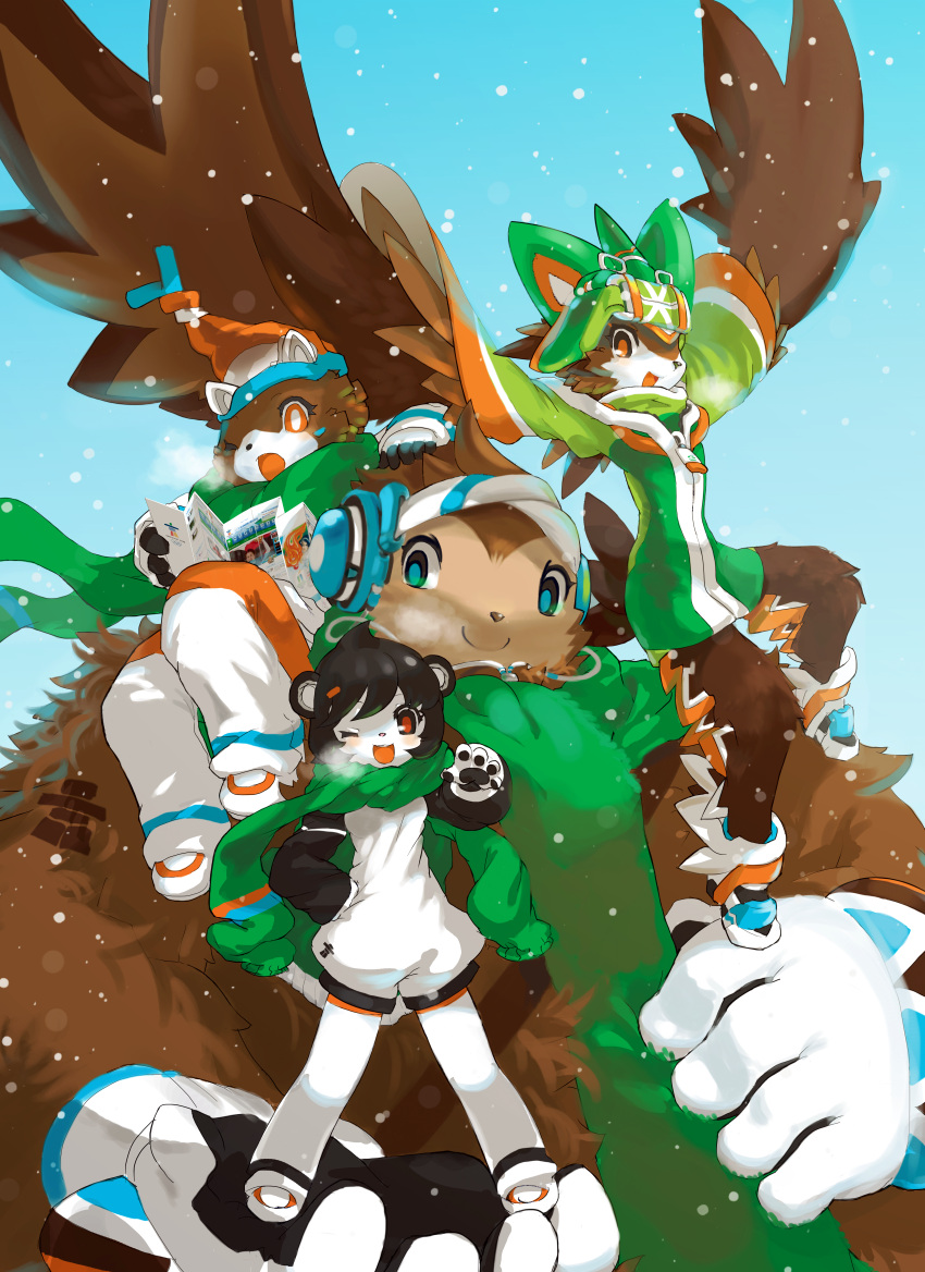 1girl, 2010, 2010_winter_olympics, 3boys, absurdres, bear, black_hair, black_sleeves