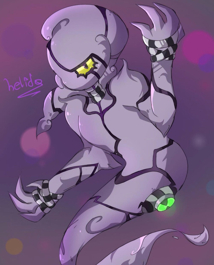 1girl, alien, arm_up, ben_10, black_stripes, claws, floating, genderswap