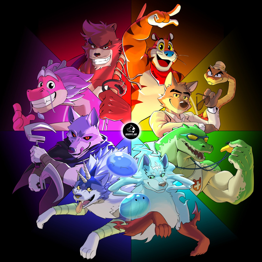 1other, 6+boys, asumono_krom, bakemono_no_ko, bear_boy, color_wheel_challenge, crocodile_boy, death_(puss_in_boots), dragon_boy, dreamworks, english_commentary, feru_(tonsuki), furry, furry_male, highres, kellogg's, kumatetsu, league_of_legends, long_(wish_dragon), looking_at_another, looking_at_viewer, mr._snake, mr._wolf, multiple_boys, multiple_drawing_challenge, pool_party_renekton, puss_in_boots:_the_last_wish, ranga_(tensura), renekton, rimuru_tempest_(slime), shrek_(series), snake_boy, sui_(tonsuki), tensei_shitara_slime_datta_ken, the_bad_guys_(film), tiger_boy, tondemo_skill_de_isekai_hourou_meshi, tony_the_tiger, wish_dragon, wolf_boy