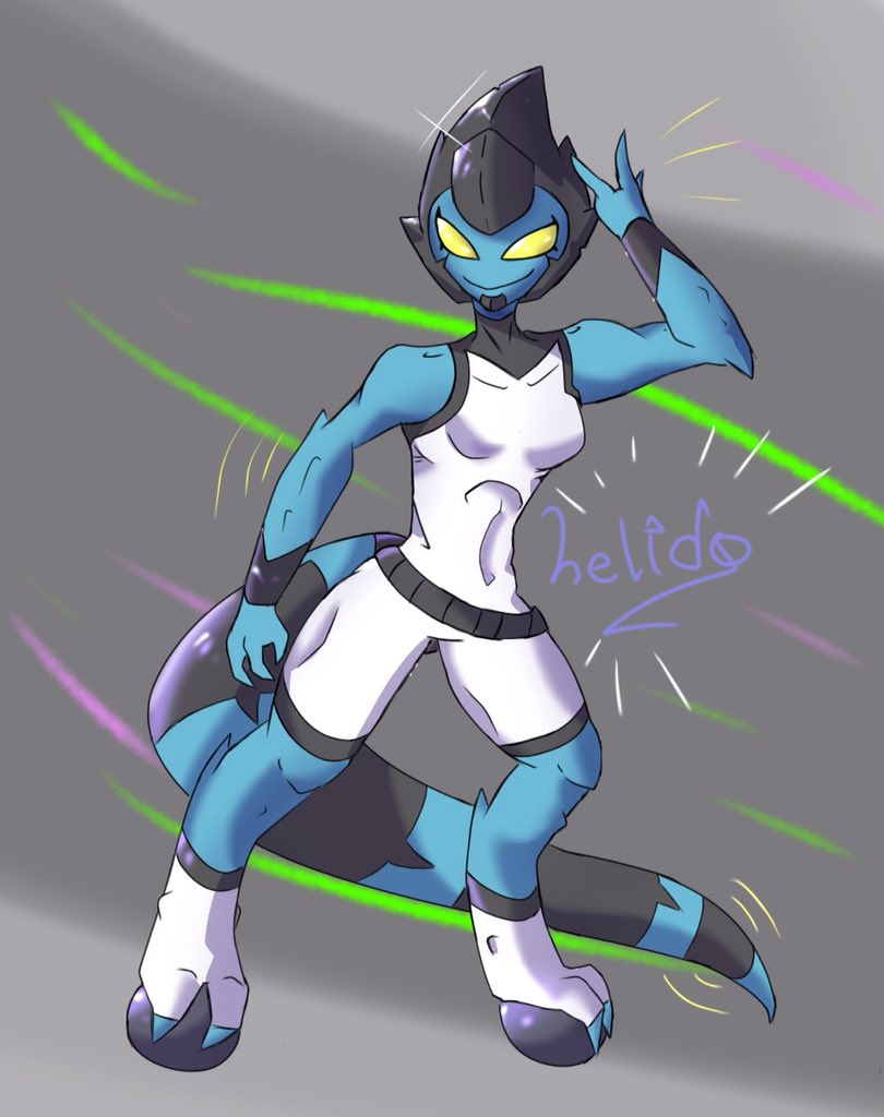 1girl, alien, arm_up, ben_10, black_stripes, blue_skin, bodysuit, colored_skin, genderswap, helido24, lizard_tail, omnitrix, redesign, reptile_girl, self-upload, simple_background, skinny, smile, striped_tail, tail, v, yellow_eyes