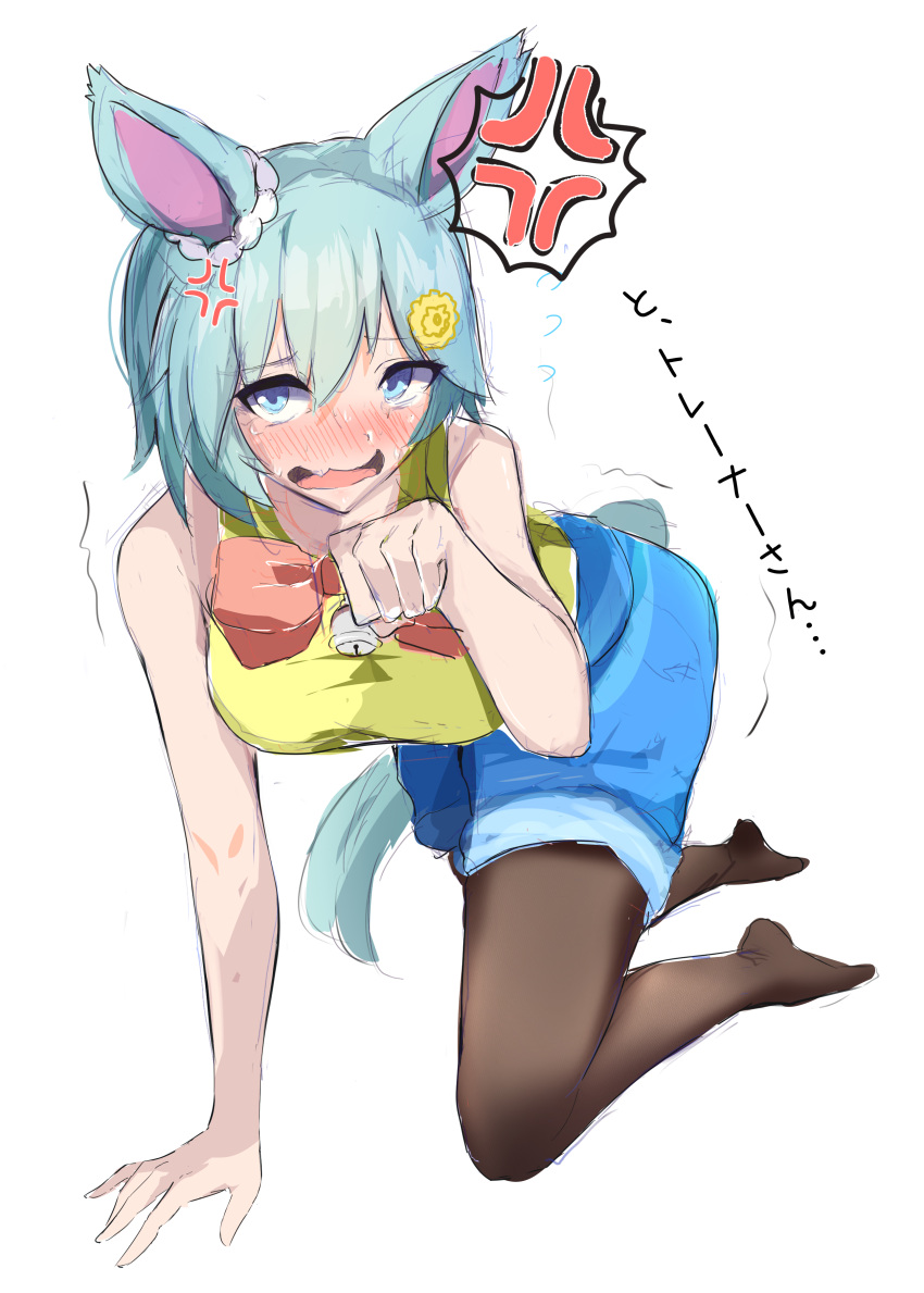 absurdres, anger_vein, aramocyaillust, bell, blue_eyes, blue_hair, blush, bow
