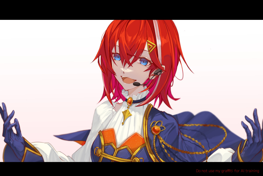 1girl, absurdres, aiguillette, ange_katrina, blue_cape, blue_eyes, blue_gloves, blue_shirt, blue_sleeve_cuffs, blurry, breasts, cape, collar, commentary_request, crossed_bangs, depth_of_field, frilled_collar, frills, gloves, gold_trim, hair_between_eyes, hair_ornament, hands_up, headset, highres, ikvugzu5zu51627, layered_shirt, letterboxed, long_bangs, long_sleeves, looking_at_viewer, multicolored_hair, nijisanji, nijisanji_idol_uniform, open_mouth, red_hair, shirt, short_hair, side_cape, simple_background, small_breasts, smile, solo, streaked_hair, teeth, triangle_hair_ornament, two-tone_hair, upper_body, upper_teeth_only, virtual_youtuber, white_background, white_hair, white_shirt