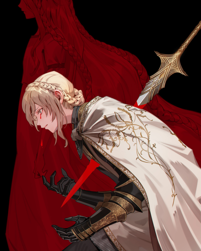 1boy, 1girl, androgynous, armor, black_armor, black_background, blood, blood_from_eyes