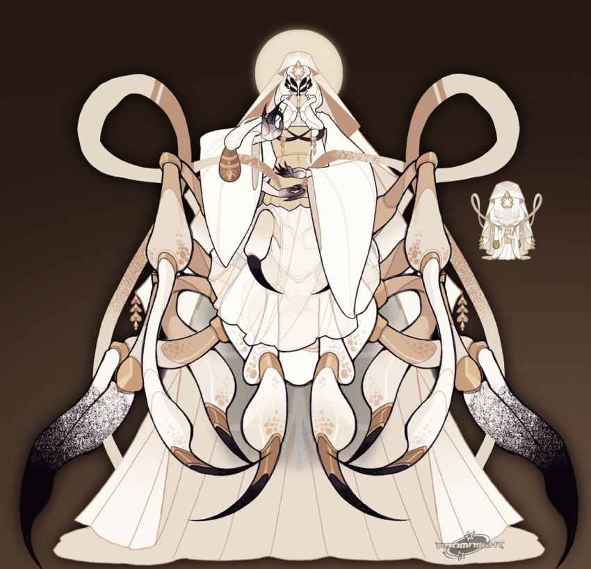 1girl, arthropod_girl, arthropod_limbs, black_eyes, cookie_run, dress, extra_arms, extra_eyes, long_sleeves, looking_at_viewer, mudra, mystic_flour_cookie, promflop, solo, veil, vitarka_mudra, white_dress, white_veil, wide_sleeves