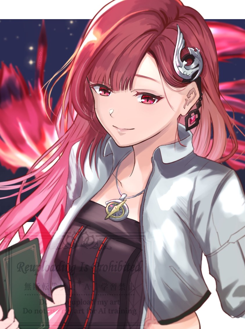 1girl, aria_(harvestella), asymmetrical_bangs, book, closed_mouth, commentary_request, harvestella, holding