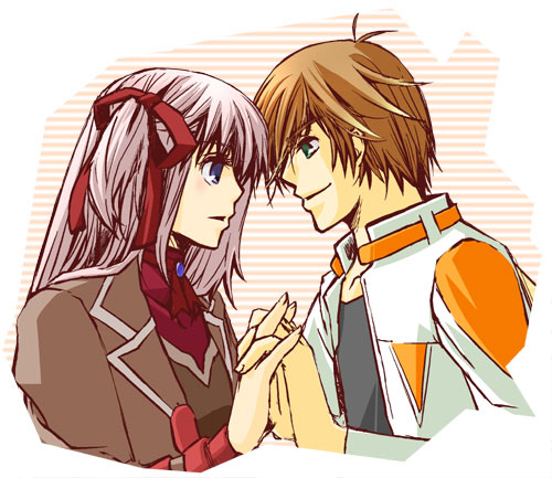 ahoge, arnaud_g_vasquez, blue_eyes, brown_hair, choker, coat, couple, green_eyes
