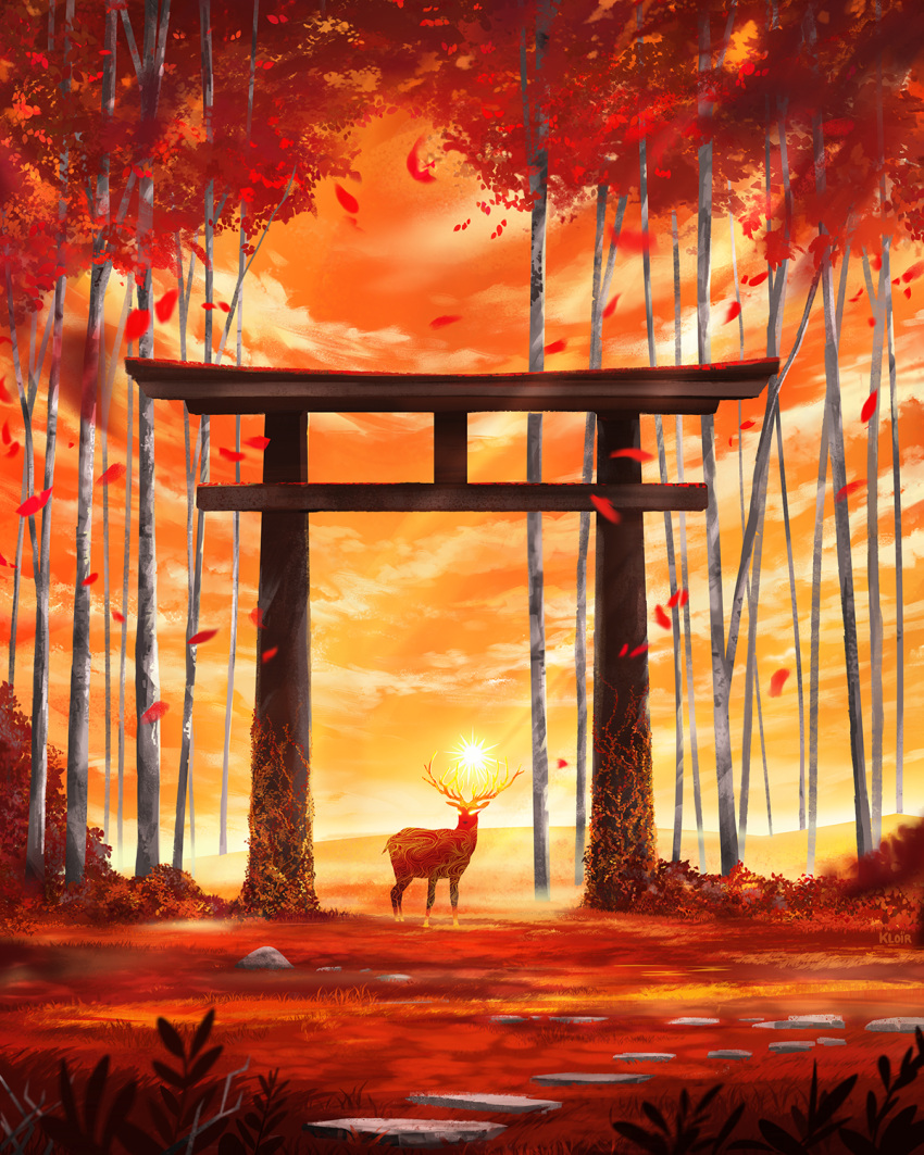 animal, antlers, autumn, autumn_leaves, branch, clouds, commentary, dawn