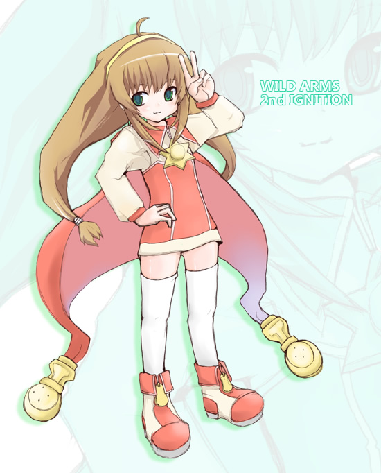 ahoge, brown_hair, cape, coat, green_eyes, hairband, hand_on_hip, hips