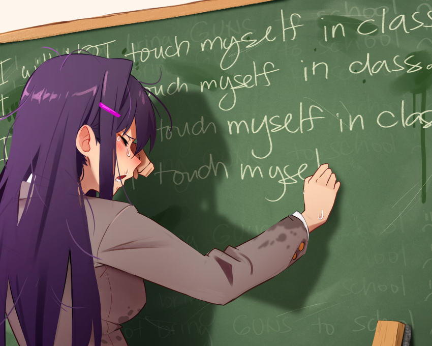 1girl, absurdres, board_eraser, chalk, chalkboard, closed_eyes, crying, doki_doki_literature_club, english_text, from_behind, hair_intakes, hair_ornament, hairclip, highres, holding, holding_chalk, implied_after_masturbation, indoors, khyle., long_hair, long_sleeves, purple_hair, shadow, shirt, solo, standing, wet, wet_clothes, wet_shirt, wet_sleeves, yuri_(doki_doki_literature_club)