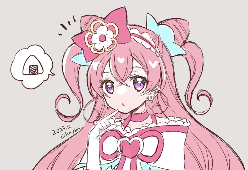 :o, back_bow, bow, brooch, choker, cone_hair_bun, cure_precious, curly_sidelocks