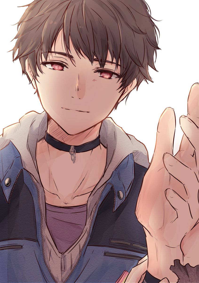 1boy, 1girl, black_choker, blue_jacket, brown_hair, choker, closed_mouth, collarbone