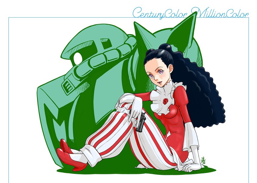 1girl, aobito_sukoyaka_bystander, black_hair, breasts, curly_hair, gloves, gun, gundam