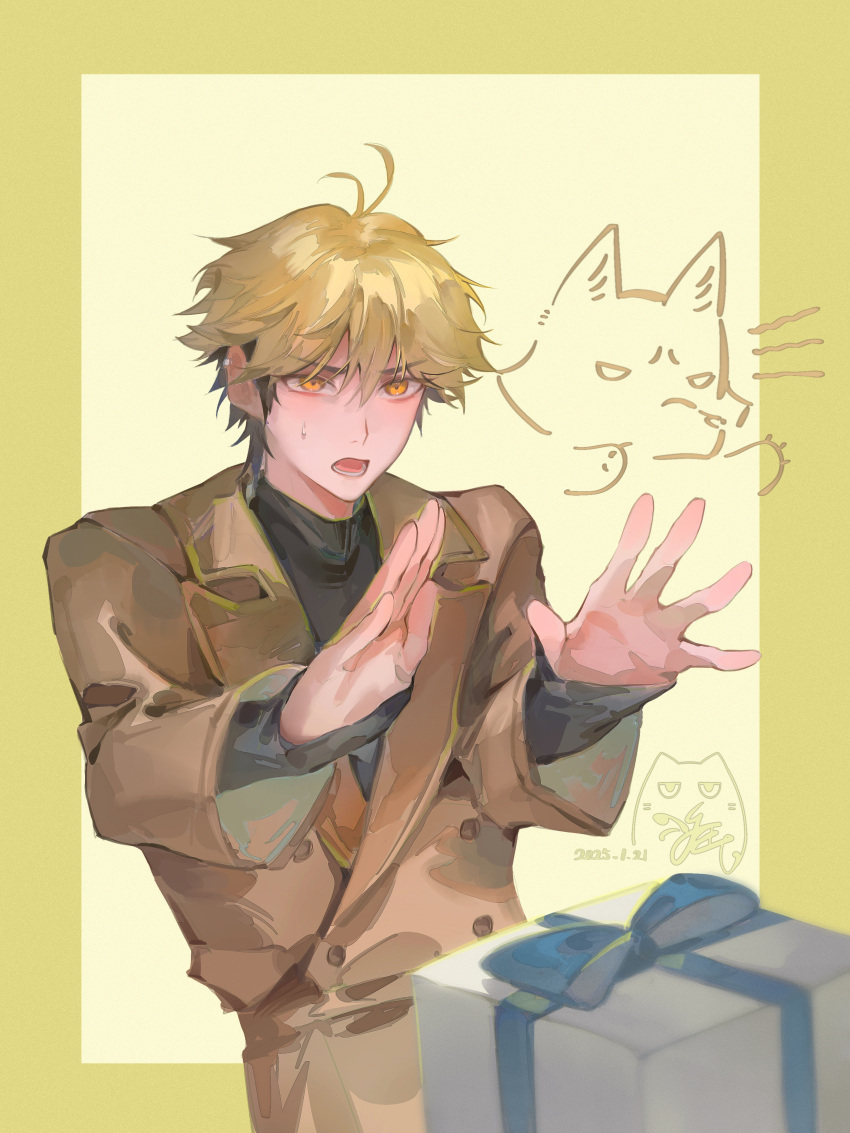 1boy, absurdres, alternate_costume, artist_name, black_sweater, blonde_hair, blush, box